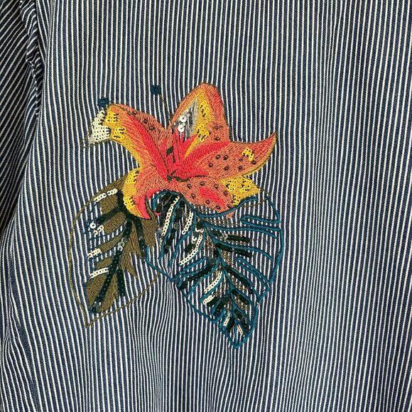 Zara Floral Embroidered Denim Striped Balloon Puff Sleeve Top SMALL - Picture 3 of 13